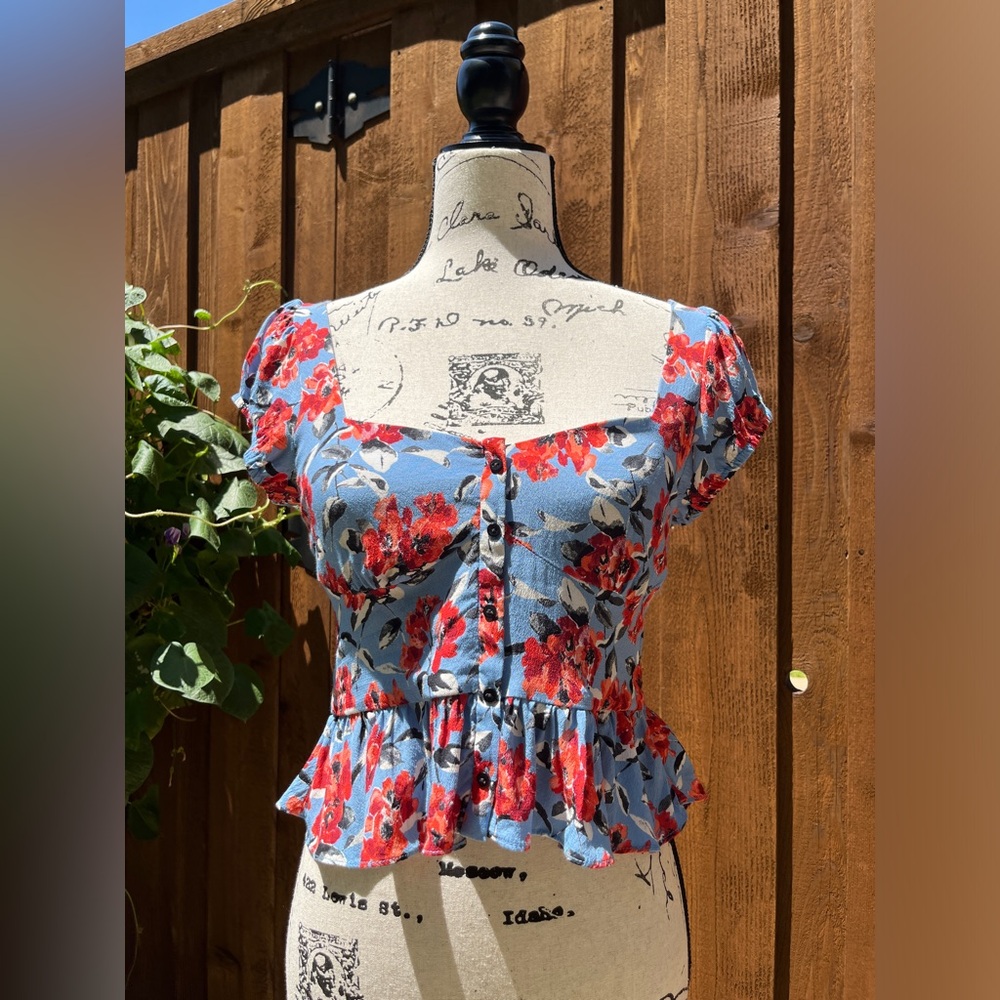 Zara Women’s Cap Sleeve Crop Top Blue Floral Print Size M EUC